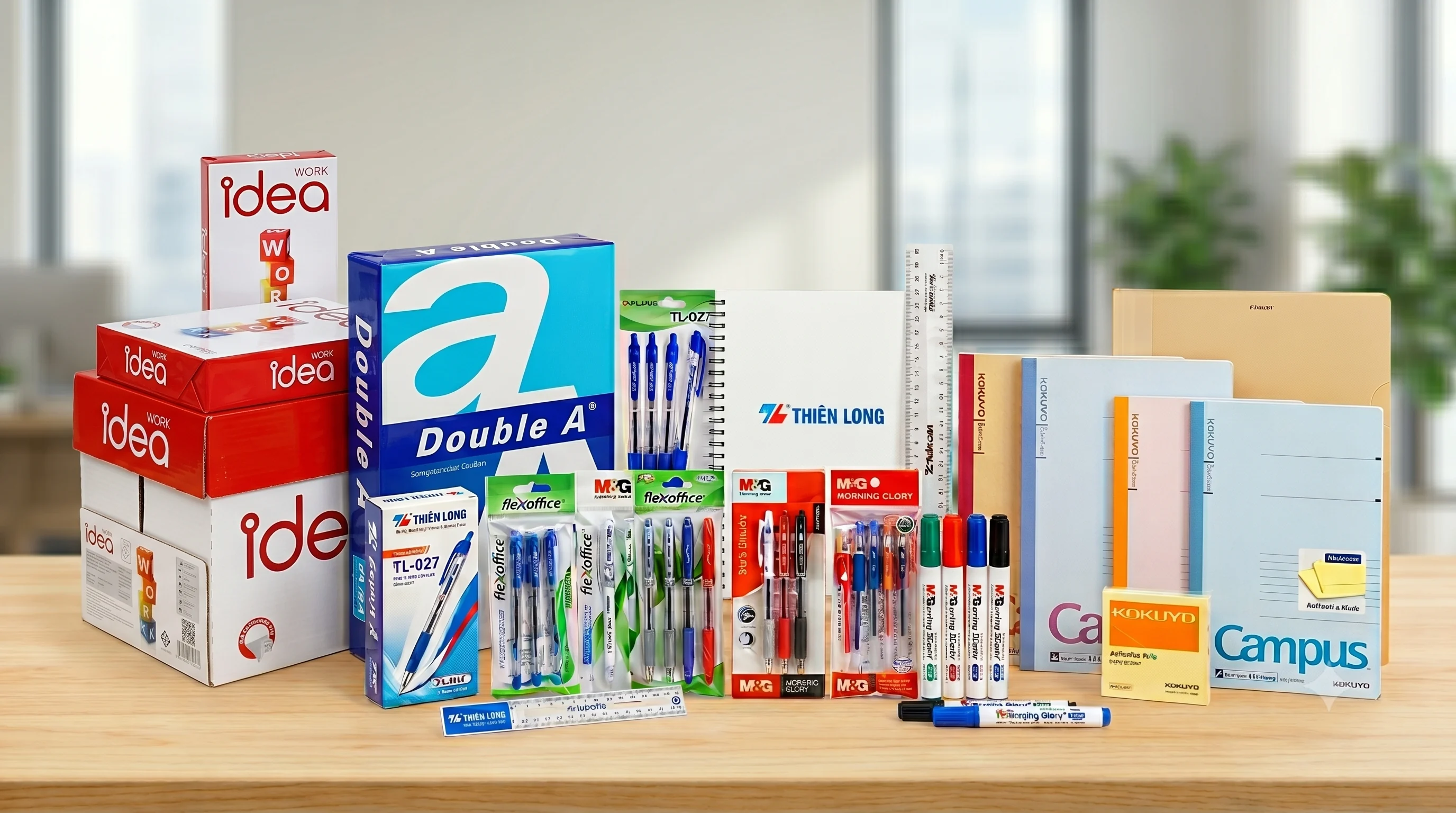 Các nhãn hàng văn phòng phẩm tại Tíc Tắc: Double A, Thiên Long, M&G, Campus